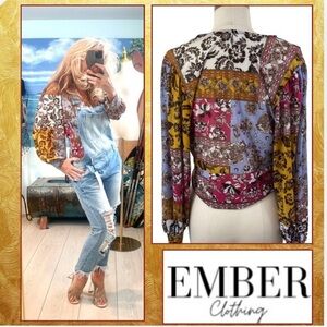 ⭐️Ember,Y2K Retro Ruched,Blouse,Size Large,Gorgeous Low V-Neck &Oversized Sleeve
